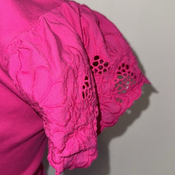 Loft Fuchsia Eyelet Short Sleeve Mixed Media V-Neck Top - Picture 7 of 11